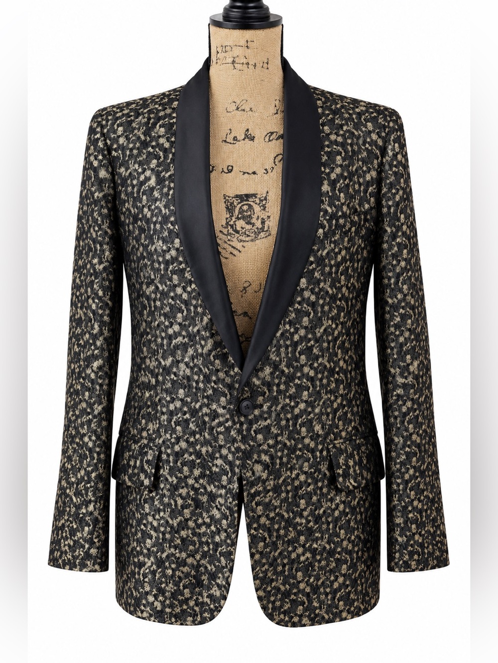 Vintage Black Gold Brocade Tuxedo Blazer Satin Lapel One Button